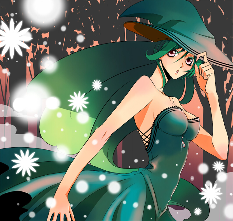 anubis2501, original, bad id, bad pixiv id, 1girl, bare shoulders, breasts, cleavage, dress, female focus, green dress, green hair, hat, long hair, looking at viewer, medium breasts, open mouth, pink eyes, solo, strapless, strapless dress, very long hair, witch hat