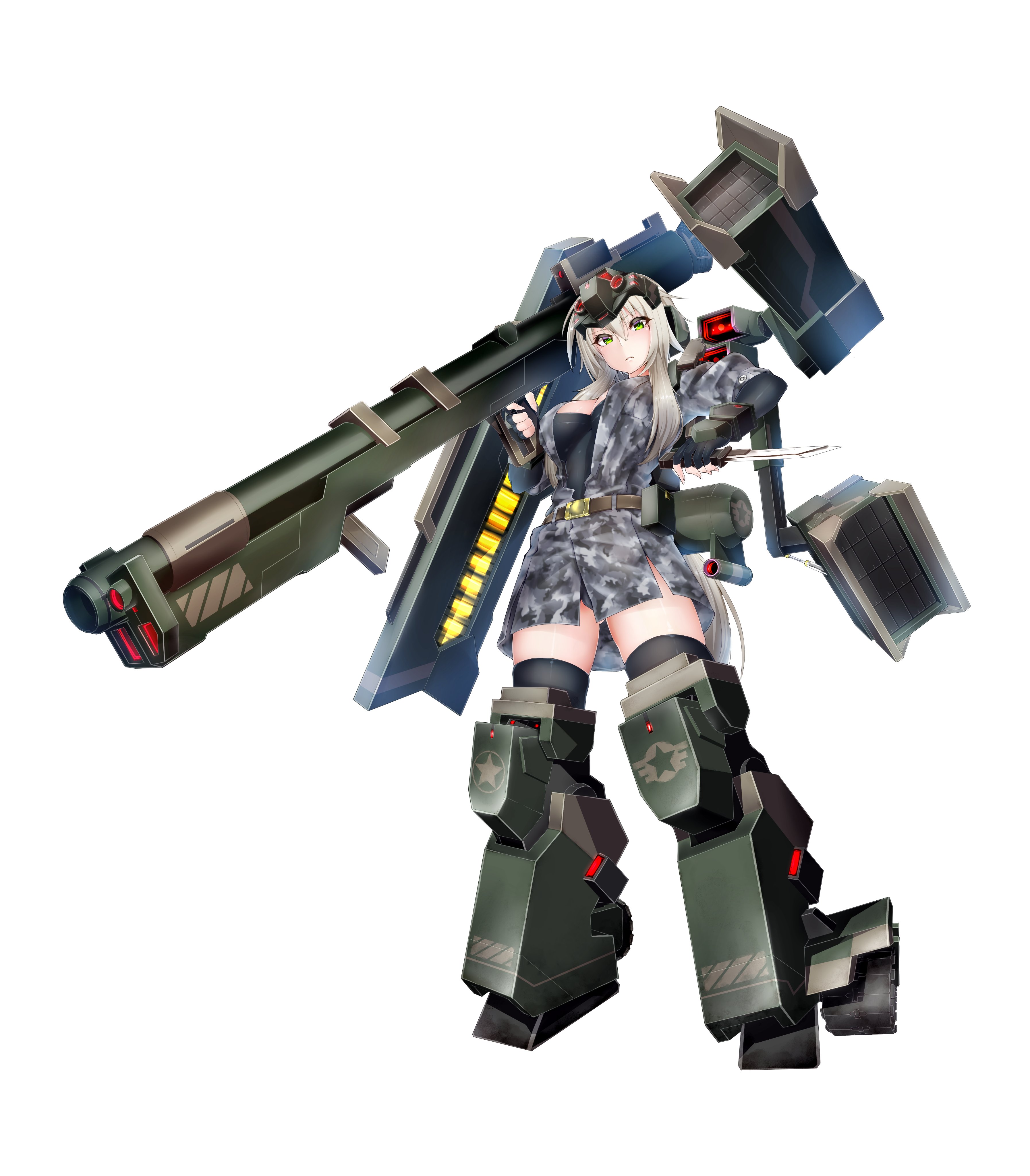 shannon whizbang, cosmic break, absurdres, highres, official art, second-party source, 1girl, belt, breasts, green eyes, headgear, knife, large breasts, leg armor, leotard, looking at viewer, mecha musume, military uniform, open clothes, open shirt, rocket launcher, thighhighs, weapon, white hair