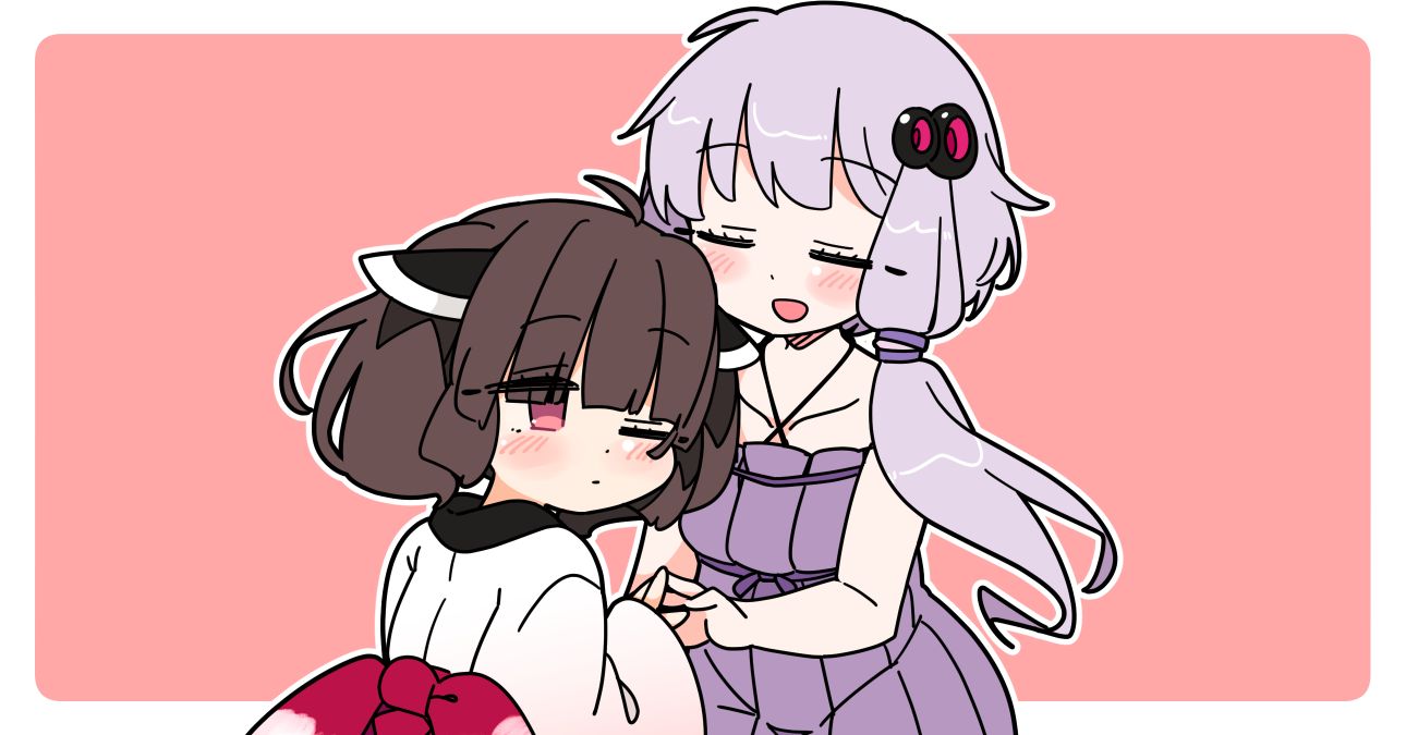 ini (inunabe00), touhoku kiritan, yuzuki yukari, vocaloid, voiceroid, non-web source, 2girls, :d, ahoge, bare arms, blush, border, brown hair, closed eyes, closed mouth, criss-cross halter, dress, hair ornament, halterneck, headgear, japanese clothes, kimono, multiple girls, one eye closed, open mouth, outline, outside border, pink background, purple dress, purple hair, red eyes, short hair, short hair with long locks, simple background, sleeveless, sleeveless dress, smile, upper body, white border, white kimono, white outline