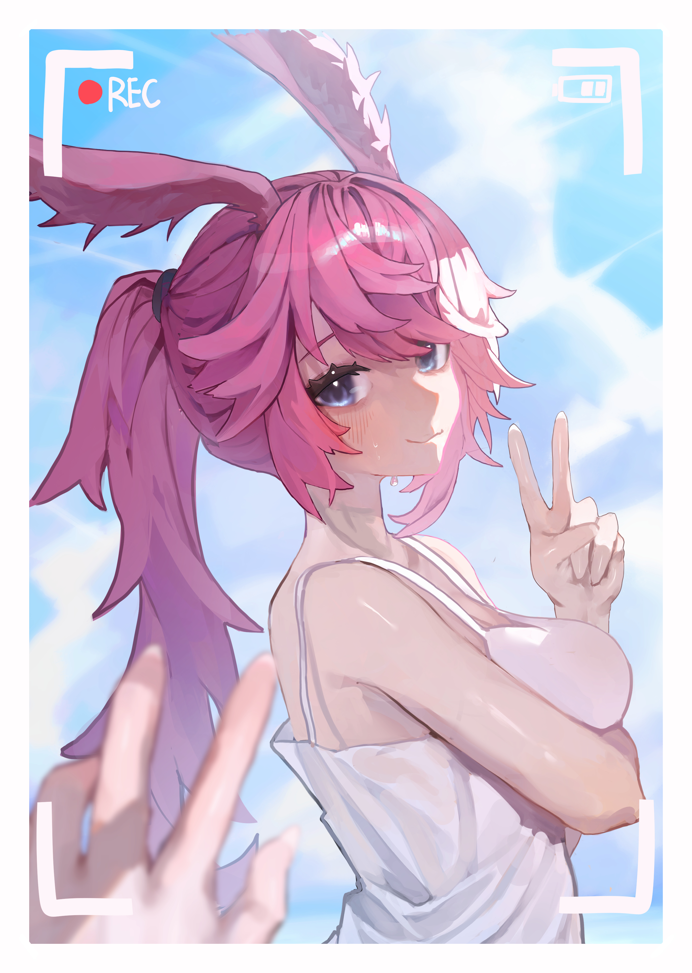 nareusii, yae sakura, honkai (series), honkai impact 3rd, absurdres, commentary, highres, symbol-only commentary, 1girl, 1other, animal ears, bare shoulders, blue sky, breasts, dress, fox ears, fox girl, large breasts, long hair, outdoors, pink hair, ponytail, pov, pov hands, purple eyes, recording, sky, v, very long hair, viewfinder, white dress