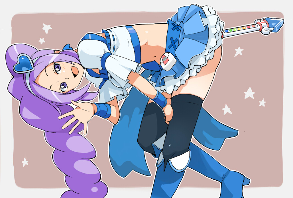 tamagoroo, aono miki, cure berry, fresh precure!, precure, 00s, 1girl, anal, anal object insertion, blue boots, blue eyes, blue hair, blue skirt, boots, drill hair, female focus, female masturbation, hair ornament, heart, heart hair ornament, knee boots, long hair, magical girl, masturbation, matching hair/eyes, midriff, object insertion, skirt, solo, thighhighs