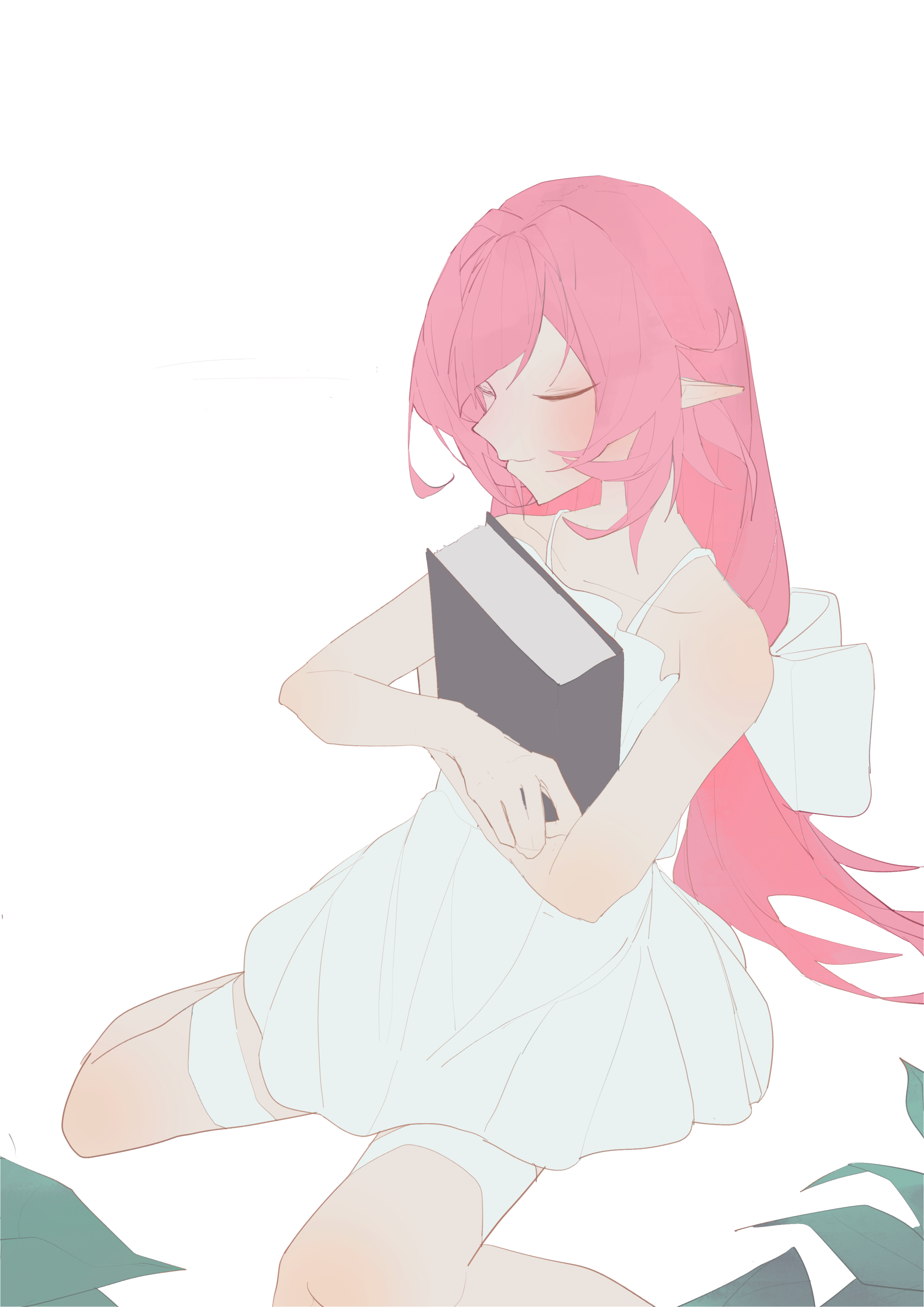 nareusii, elysia (honkai impact), honkai (series), honkai impact 3rd, absurdres, highres, 1girl, bare shoulders, book, closed eyes, dress, elf, holding, holding book, long hair, pink hair, pointy ears, simple background, sitting, smile, solo, thigh strap, thighs, very long hair, wariza, white background, white dress