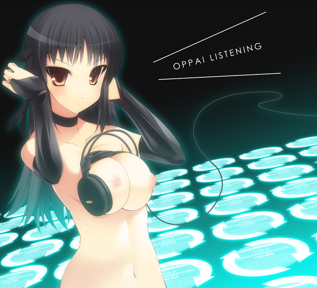 ohta yuichi, original, bad id, bad pixiv id, 1girl, arms behind head, black hair, blush, breasts, breasts squeezed together, bridal gauntlets, cable, choker, elbow gloves, english text, engrish text, female focus, gloves, headphones, large breasts, long hair, looking at viewer, navel, nipples, nude, orange eyes, ranguage, ribs, romaji text, solo, upper body, you're doing it wrong