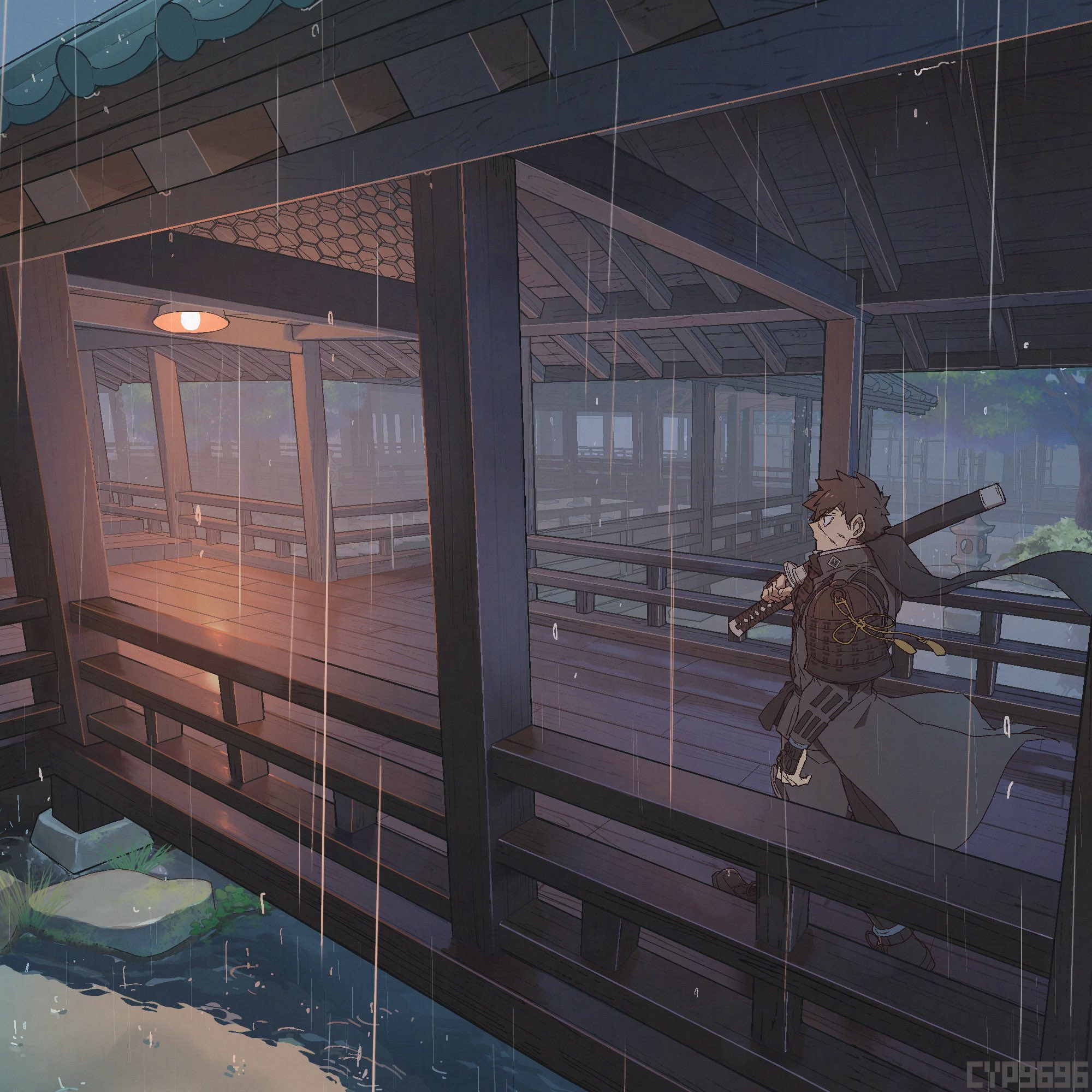 cyp1a2, doudanuki masakuni, touken ranbu, commentary, highres, symbol-only commentary, 1boy, armor, brown hair, holding, holding sword, holding weapon, japanese armor, long sleeves, male focus, outdoors, over shoulder, rain, ripples, rock, scar, scar on face, short hair, solo, stone lantern, sword, sword over shoulder, tassel, weapon, weapon over shoulder, wide shot