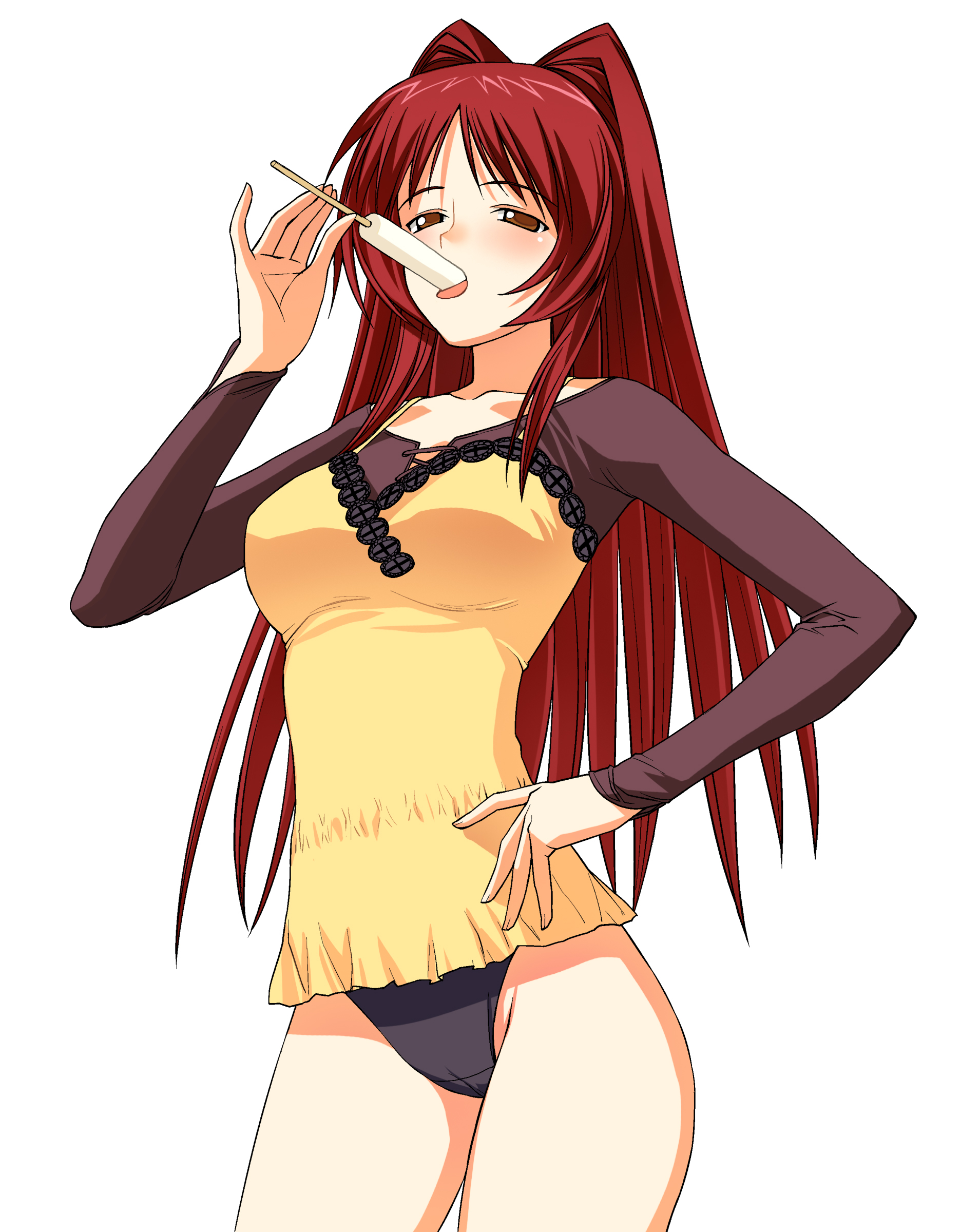 a1 (initial-g), kousaka tamaki, to heart (series), to heart 2, absurdres, highres, 00s, blush, brown eyes, camisole, casual, food, long hair, panties, popsicle, red hair, sexually suggestive, shirt under shirt, solo, underwear