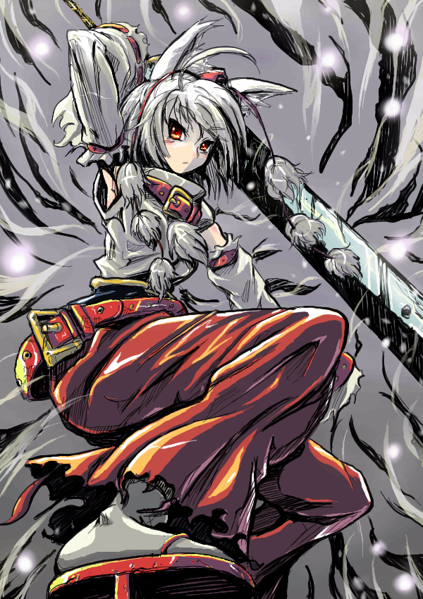 kabutoyama, inubashiri momiji, touhou, silver hair, 1girl, belt, collar, detached sleeves, female focus, geta, pants, red eyes, solo, sword, tengu-geta, weapon