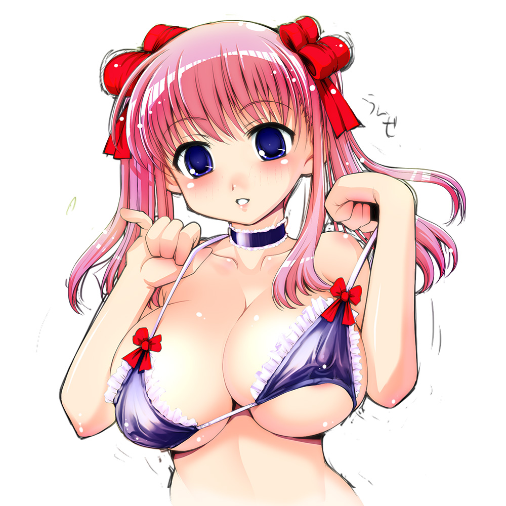 cream (nipakupa), erokam, raymon, haramura nodoka, saki (manga), 00s, 1girl, bikini, bikini top only, blue eyes, blush, bow, breasts, brown hair, covered erect nipples, female focus, hair bow, huge breasts, large breasts, lingerie, long hair, pink hair, pinky out, ribbon, solo, swimsuit, twintails, underwear