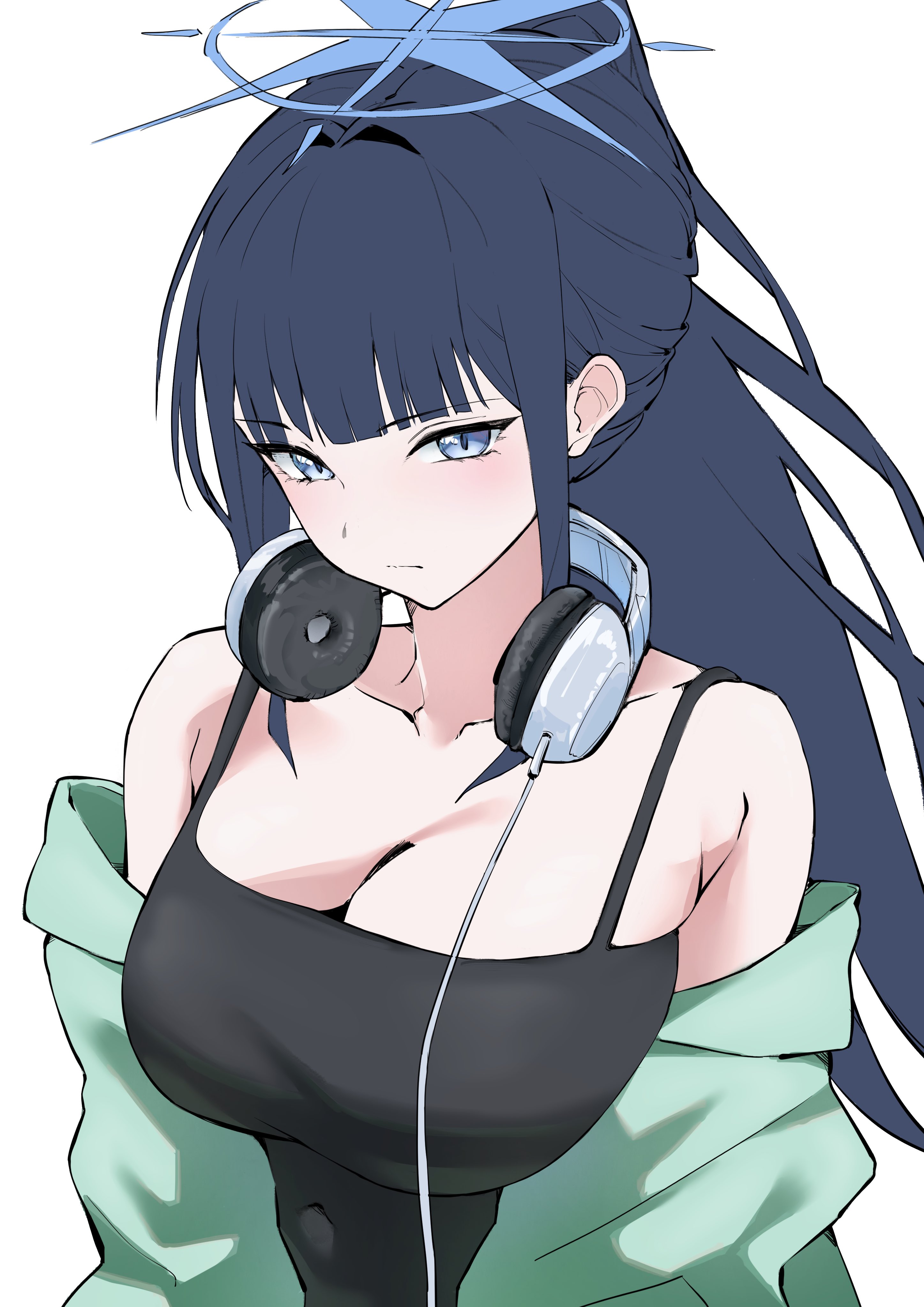 katagiri nanoka, atsuko (blue archive), atsuko (swimsuit) (blue archive), saori (blue archive), saori (swimsuit) (blue archive), blue archive, absurdres, highres, 1girl, aqua jacket, black camisole, blue halo, breasts, camisole, cleavage, halo, headphones, headphones around neck, jacket, official alternate costume, simple background, solo, upper body, white background