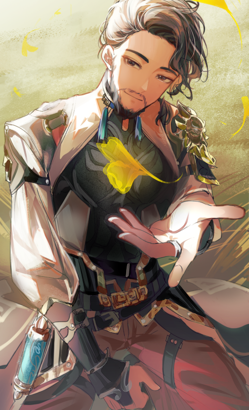 kanako (fuwachu), jing yuan, honkai: star rail, honkai (series), 1boy, alejandro saab, armor, beard, belt, black belt, black eyes, black hair, black shirt, brown pants, cosplay, cy yu, facial hair, ginkgo leaf, jacket, jewelry, jing yuan (cosplay), leaf, long sleeves, looking at viewer, male focus, outstretched hand, pants, ring, shirt, short hair, shoulder armor, sitting, smile, solo, vambraces, voice actor connection, white jacket