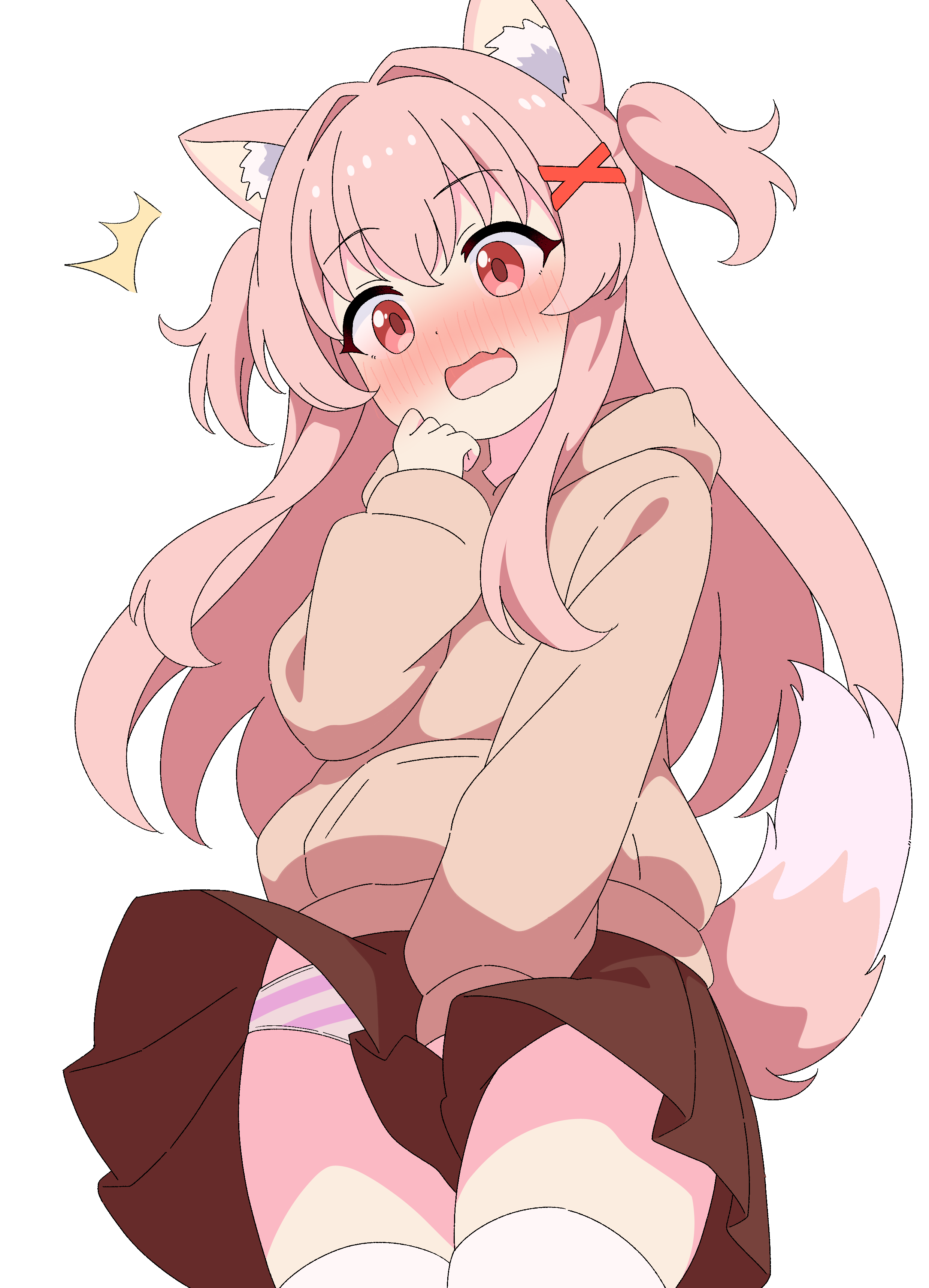 yuu-kun (inugamikenoy), original, absurdres, commentary request, highres, 1girl, ^^^, animal ear fluff, animal ears, anime coloring, blush, brown hood, brown hoodie, brown skirt, covering crotch, covering privates, cowboy shot, curled fingers, embarrassed, fox ears, fox girl, hair between eyes, hair intakes, hair ornament, hand up, hood, hood down, hoodie, long hair, long sleeves, looking down, nose blush, open mouth, panties, pink hair, pink panties, pink tail, pleated skirt, pocket, red eyes, simple background, skirt, sleeves past wrists, solo, standing, striped clothes, striped panties, tail raised, thighhighs, thighs, two-tone panties, two side up, underwear, white background, white panties, white thighhighs, x hair ornament, yuu-chan (inugamikenoy)