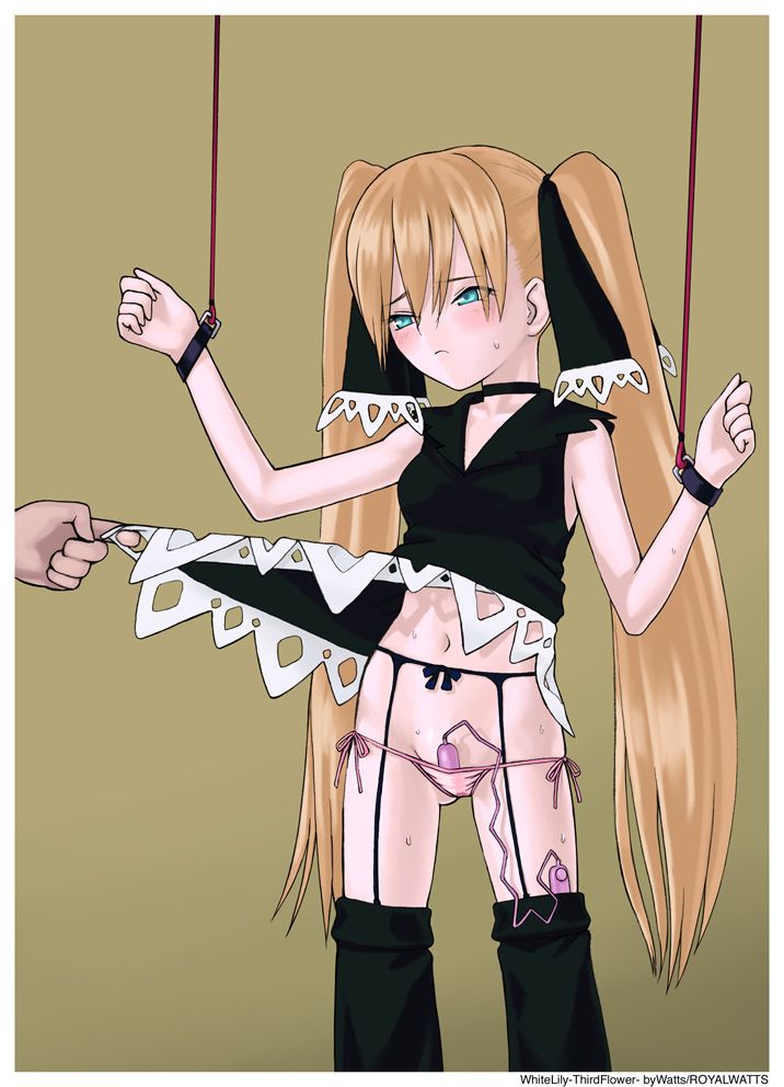 royalwatts, marion phauna, shaman king, assisted exposure, bdsm, blonde hair, blue eyes, bondage, bound, clothes lift, egg vibrator, garter belt, loli, panties, sex toy, short twintails, skirt, skirt lift, twintails, underwear, vibrator