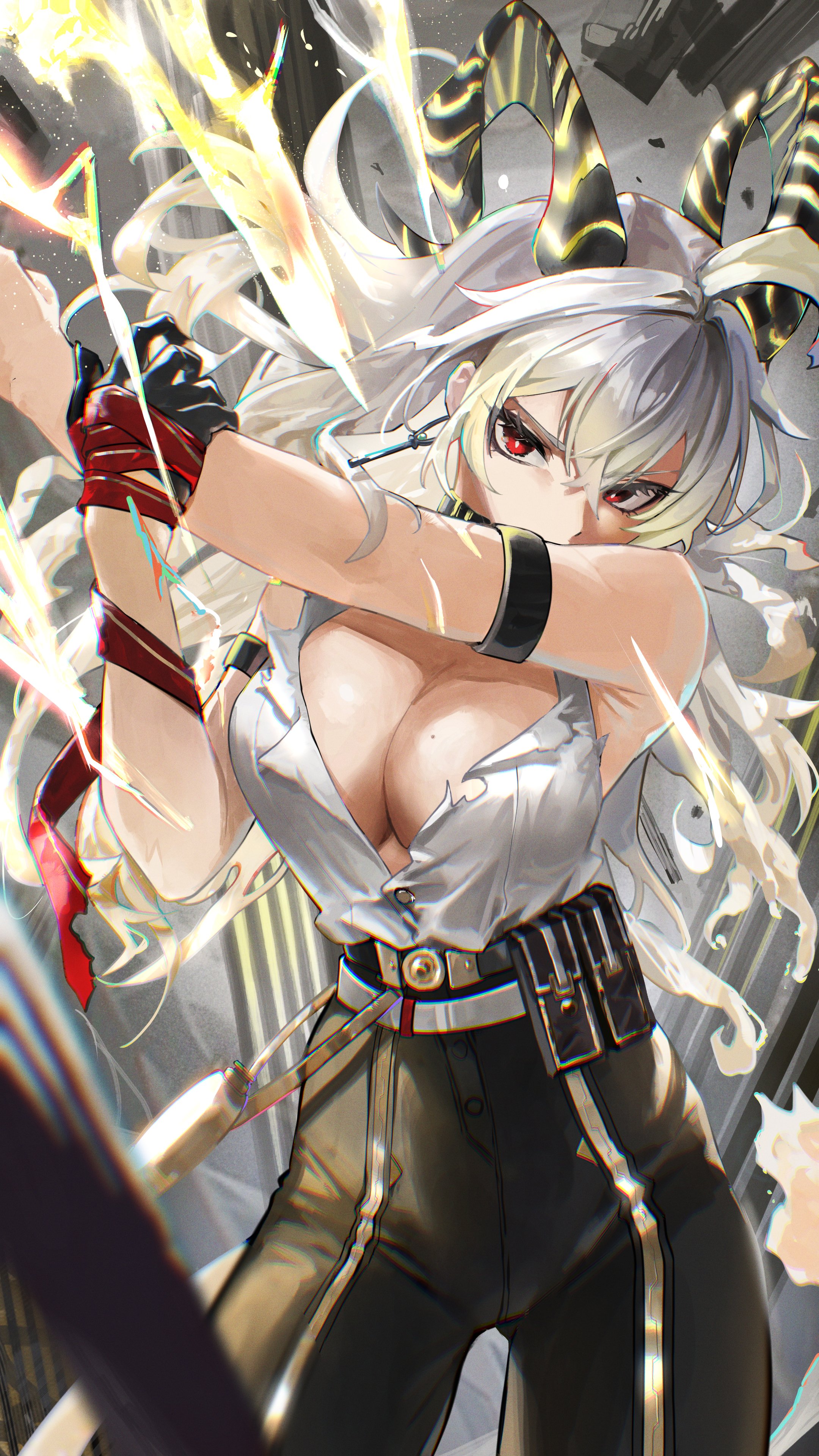 hanasawa (hanasawa062), zani (wuthering waves), wuthering waves, absurdres, commentary, hashtag-only commentary, highres, revision, 1girl, arm strap, armpit crease, black choker, black gloves, black horns, black pants, breasts, choker, cowboy shot, curled horns, earrings, gloves, hair between eyes, high-waist pants, horns, jewelry, key, key earrings, key necklace, large breasts, long hair, looking at viewer, mole, mole on breast, necklace, necktie around wrists, pants, red eyes, shirt, shirt tucked in, solo, tight clothes, tight pants, torn clothes, torn shirt, very long hair, white hair, white shirt