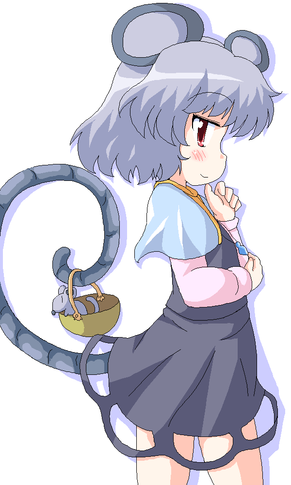 geetsu, nazrin, touhou, 1girl, animal ears, basket, female focus, grey hair, mouse (animal), mouse ears, mouse tail, red eyes, short hair, simple background, solo, tail
