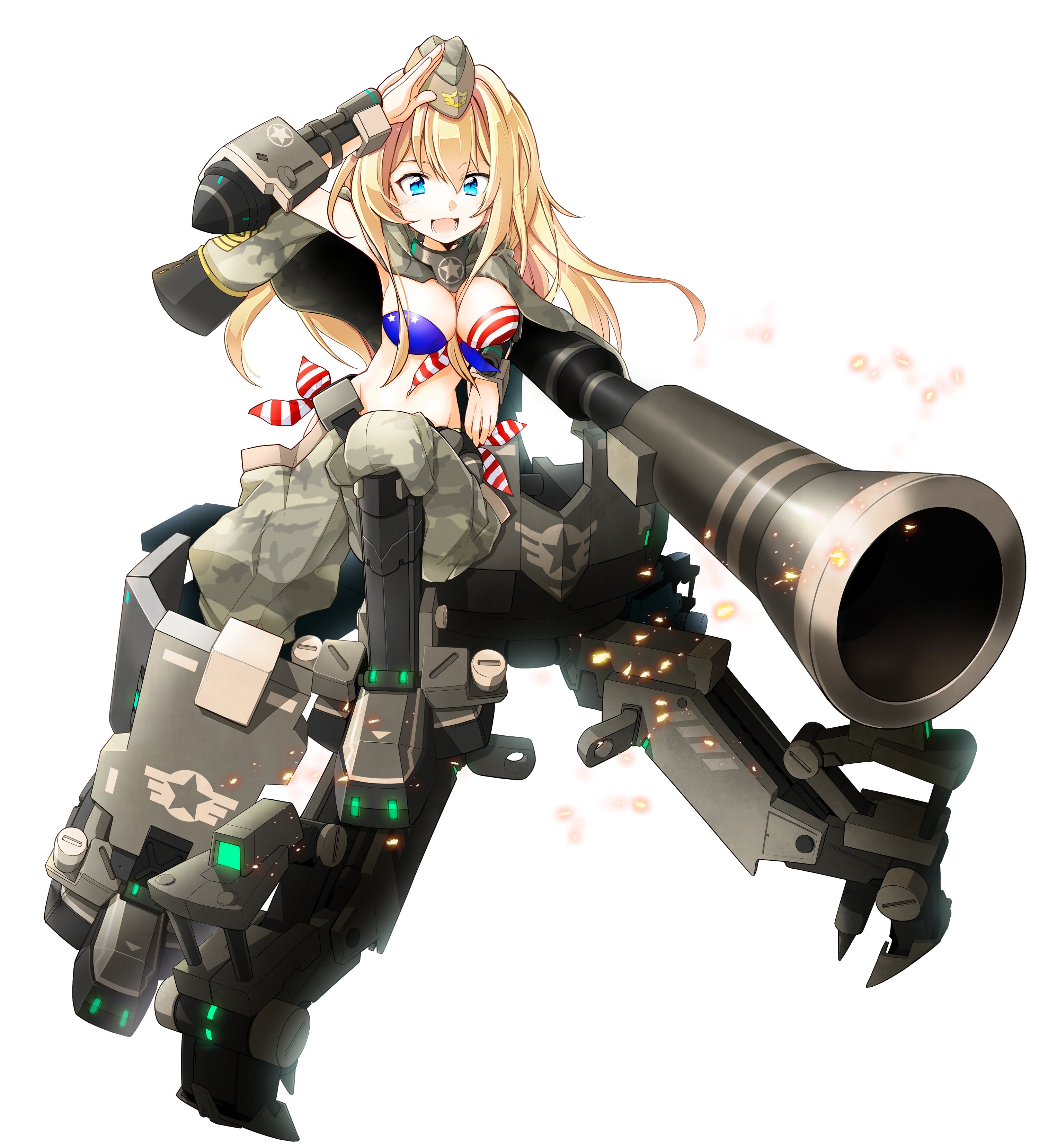 amelia leopold, cosmic break, absurdres, highres, official art, second-party source, 1girl, blonde hair, blue eyes, bra, breasts, cannon, hat, jacket, jacket on shoulders, large breasts, long hair, midriff, military hat, open mouth, pants, salute, sitting, smile, underwear