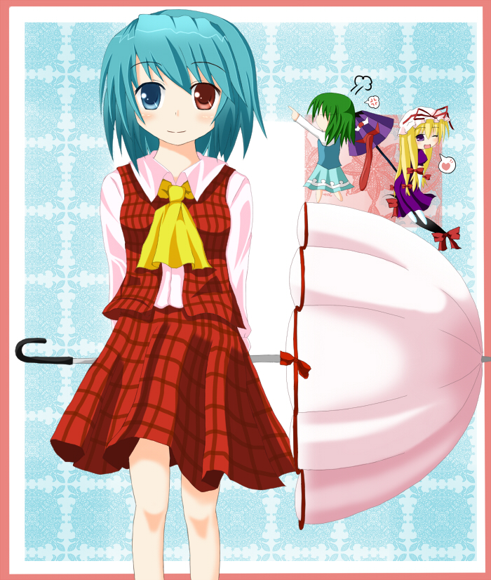 yuzutei, kazami yuuka, tatara kogasa, yakumo yukari, touhou, 3girls, ascot, blue eyes, blue hair, border, cosplay, costume switch, female focus, green hair, heart, heterochromia, karakasa obake, kazami yuuka (cosplay), multiple girls, plaid clothes, plaid skirt, plaid vest, red border, red eyes, short hair, skirt, skirt set, spoken heart, tatara kogasa (cosplay), tongue, trait connection, umbrella, vest