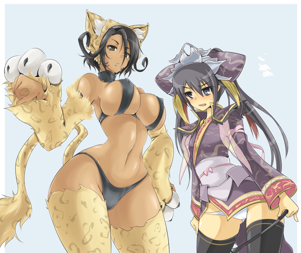 momio, touhaku, zhu rong, sangokushi taisen, bad id, bad pixiv id, 2girls, animal ears, bikini, black hair, blush, breast envy, breasts, brown eyes, cat ears, cat tail, choker, curvy, dark-skinned female, dark skin, hip focus, large breasts, long hair, lowleg, lowleg bikini, lowleg panties, multiple girls, narrow waist, panties, purple eyes, short hair, swimsuit, tail, thighhighs, thong, twintails, underwear, wide hips