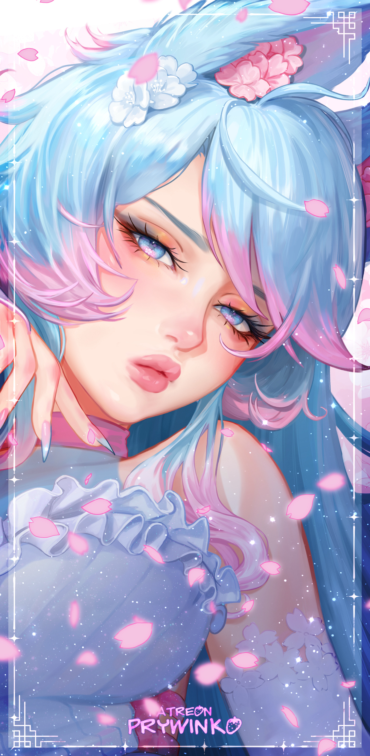 prywinko, silvervale, indie virtual youtuber, absurdres, commentary, english commentary, highres, 1girl, animal ear fluff, animal ears, bare shoulders, blue eyes, blue flower, blue hair, blue nails, breasts, choker, close-up, closed mouth, detached sleeves, dress, eyelashes, falling petals, fingernails, flower, flower on head, frilled dress, frills, gradient hair, large breasts, long hair, looking at viewer, makeup, multicolored hair, multicolored nails, parted bangs, patreon username, petals, pink choker, pink flower, pink hair, pink lips, pink nails, pink petals, pink streaks, sharp fingernails, sleeveless, sleeveless dress, solo, streaked hair, two-tone nails, upper body, virtual youtuber, white dress, white sleeves, wolf ears, wolf girl