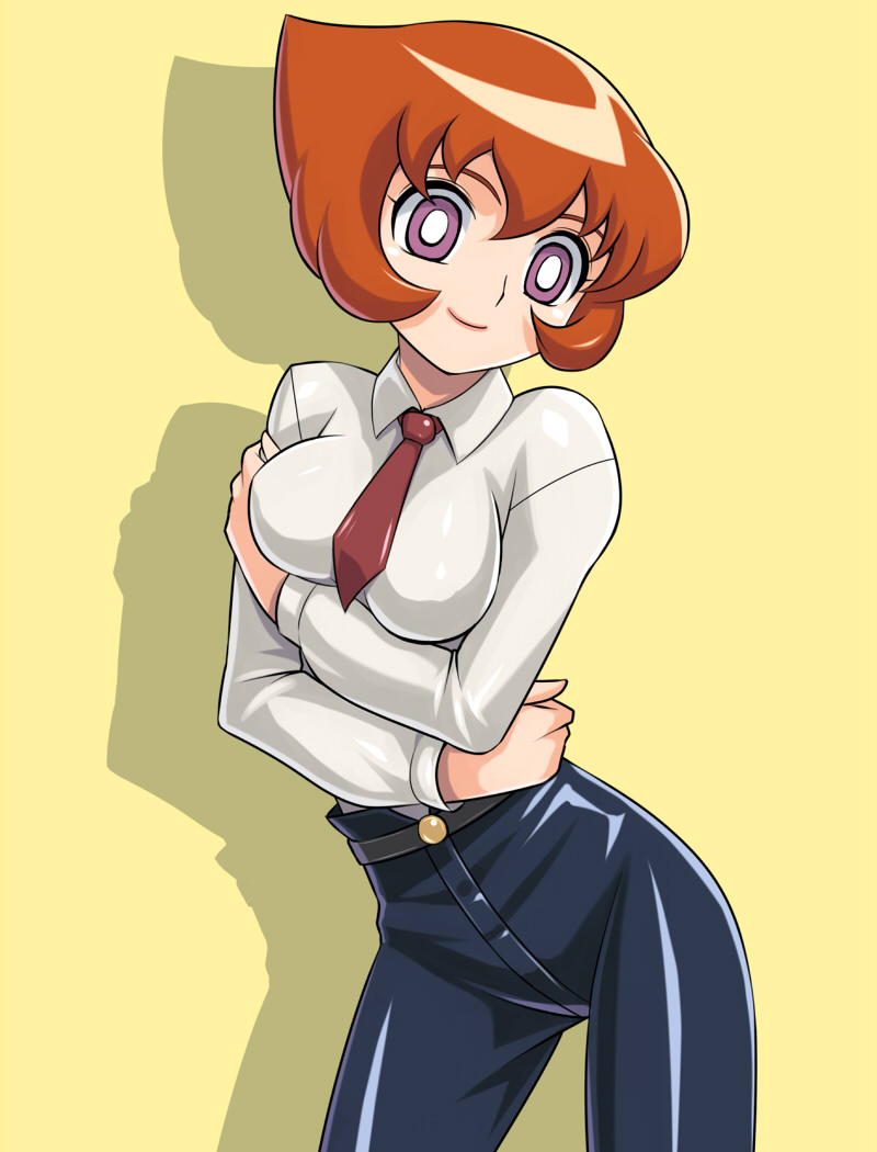 muhi11234, bashin hayami, battle spirits, battle spirits: shounen toppa bashin, 00s, 1girl, belt, breasts, brown hair, collared shirt, contrapposto, cowboy shot, crossed arms, denim, female focus, head tilt, jeans, large breasts, lipstick, long sleeves, looking at viewer, makeup, mature female, necktie, pants, purple eyes, self hug, shadow, shirt, short hair, simple background, solo, standing, white background