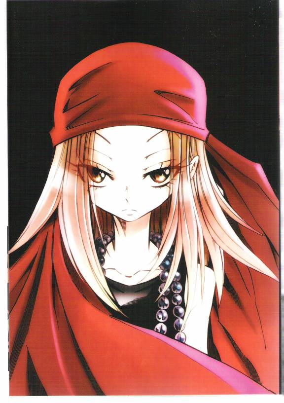 kyouyama anna, shaman king, official art, scan, 1girl, bandana, beads, black background, blonde hair, eyelashes, female focus, frown, jewelry, necklace, prayer beads, simple background, solo, v-shaped eyebrows, yellow eyes