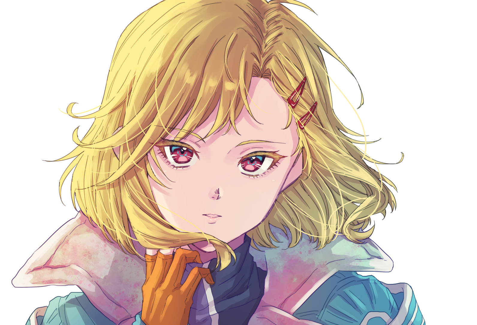 24mbb, setsu (gnosia), gnosia, 1other, antenna hair, aqua coat, blonde hair, coat, gloves, hair between eyes, hair ornament, hairclip, looking at viewer, other focus, red eyes, short hair, simple background, smile, solo, turtleneck, upper body, white background