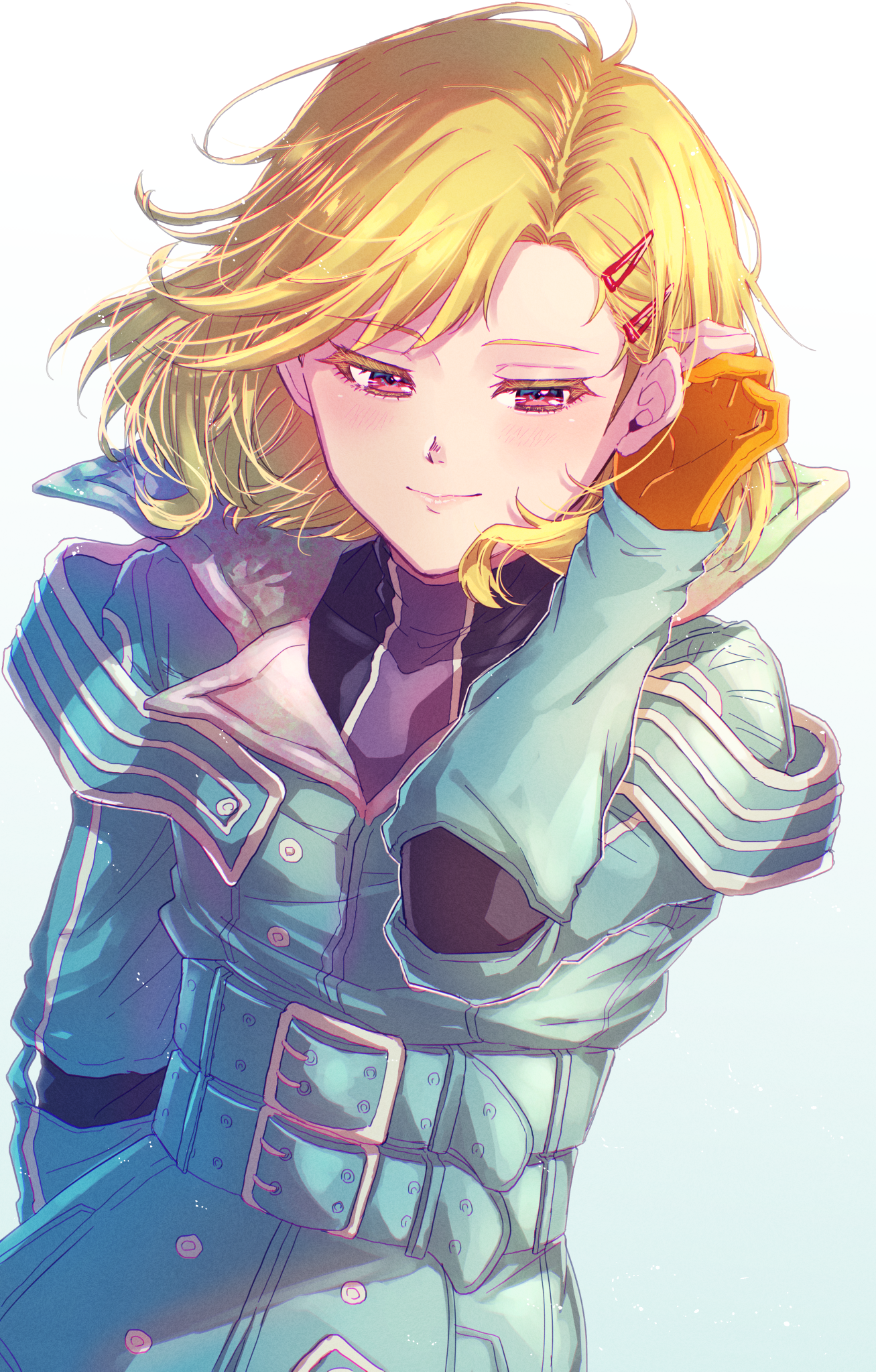 24mbb, setsu (gnosia), gnosia, highres, 1other, antenna hair, aqua coat, blonde hair, coat, gloves, hair between eyes, hair ornament, hairclip, looking at viewer, other focus, red eyes, short hair, simple background, smile, solo, turtleneck, upper body, white background