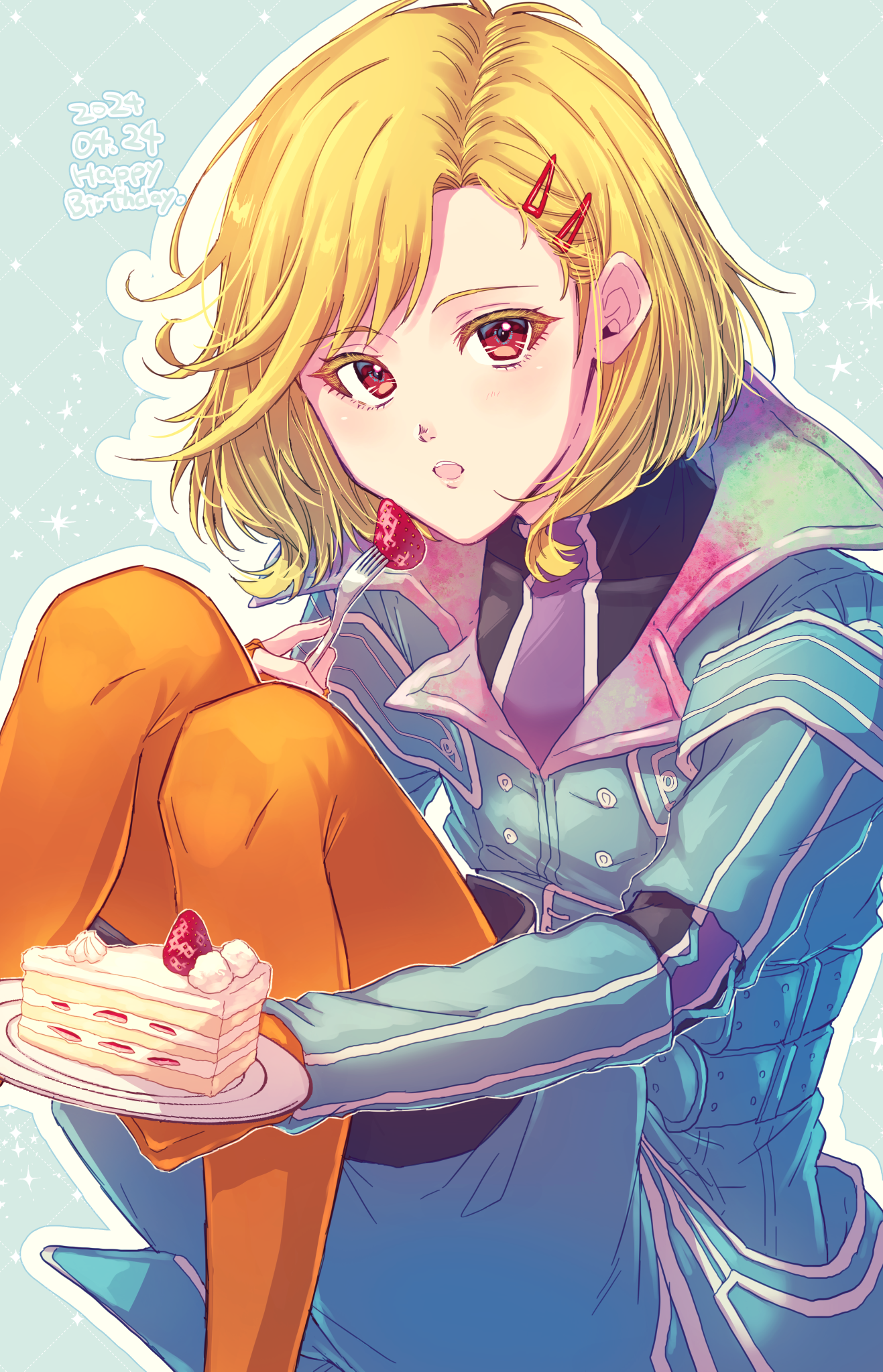 24mbb, setsu (gnosia), gnosia, highres, 1other, antenna hair, aqua coat, blonde hair, coat, gloves, hair between eyes, hair ornament, hairclip, looking at viewer, other focus, red eyes, short hair, simple background, smile, solo, turtleneck, upper body, white background