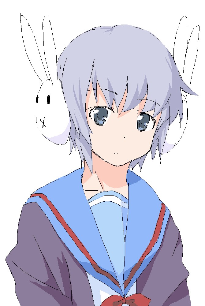 mycomputer, nagato yuki, suzumiya haruhi-chan no yuuutsu, suzumiya haruhi no yuuutsu, light purple hair, bad id, bad pixiv id, 00s, 1girl, blue eyes, bunny headphones, cardigan, female focus, headphones, oekaki, rabbit, school uniform, serafuku, short hair, solo