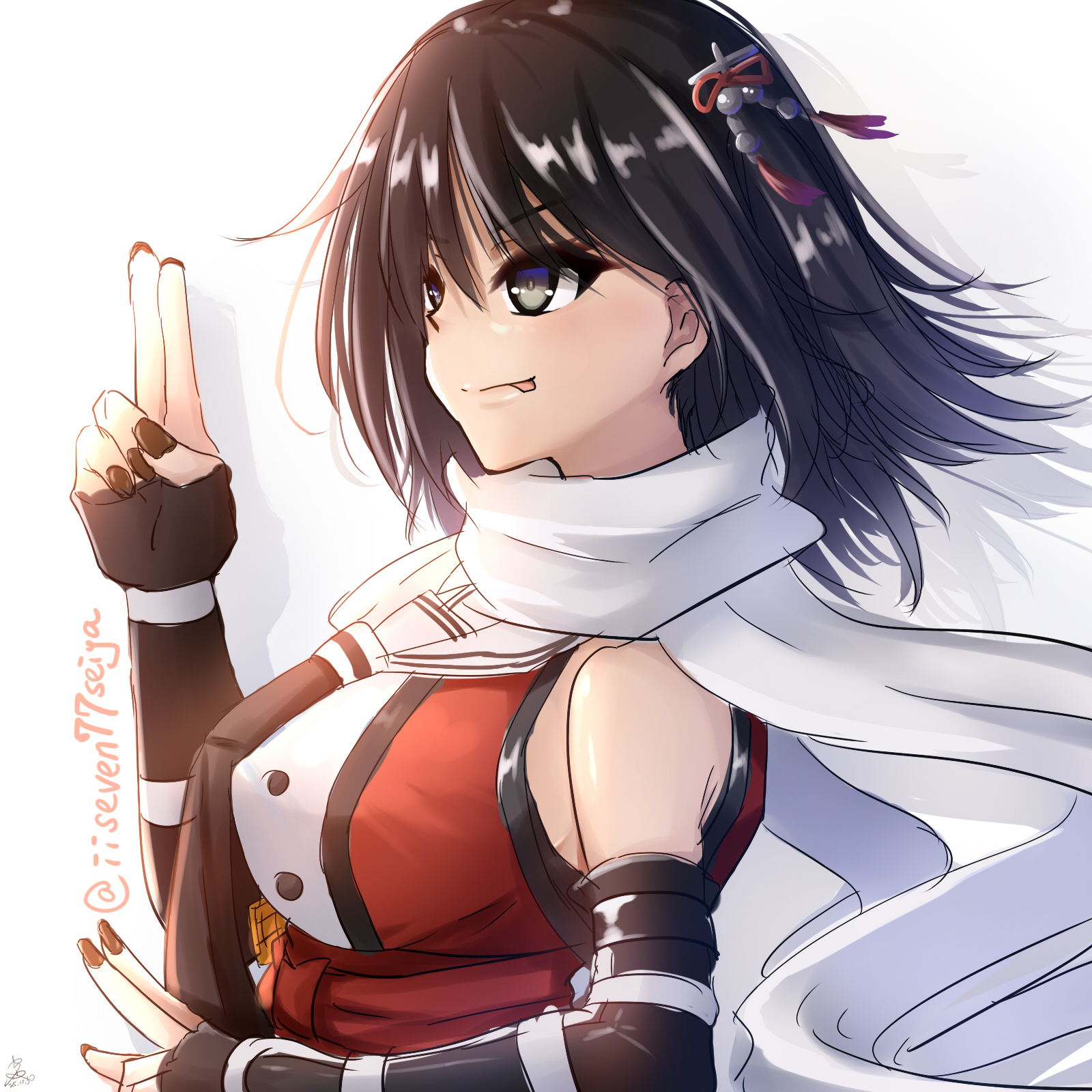 seiya (iiseven), sendai (kancolle), sendai kai ni (kancolle), kantai collection, highres, 1girl, :p, black gloves, black hair, blush, breasts, brown eyes, brown hair, elbow gloves, gloves, grey eyes, hair ornament, medium breasts, ninja, ninjutsu, scarf, school uniform, serafuku, short hair, sideboob, smile, solo, tongue, tongue out, twitter username, two side up, upper body, white background, white scarf