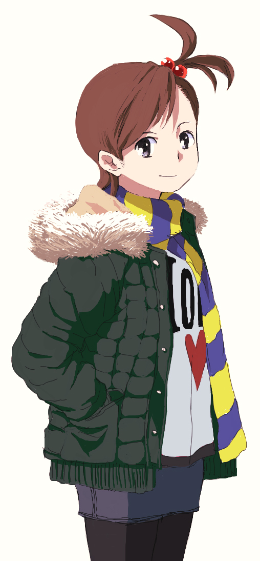 mycomputer, futami mami, idolmaster, idolmaster (classic), bad id, bad pixiv id, 00s, 1girl, brown hair, casual, coat, denim, denim skirt, fashion, female focus, hair bobbles, hair ornament, jacket, leggings, pantyhose, pencil skirt, scarf, shirt, side ponytail, simple background, skirt, solo, t-shirt