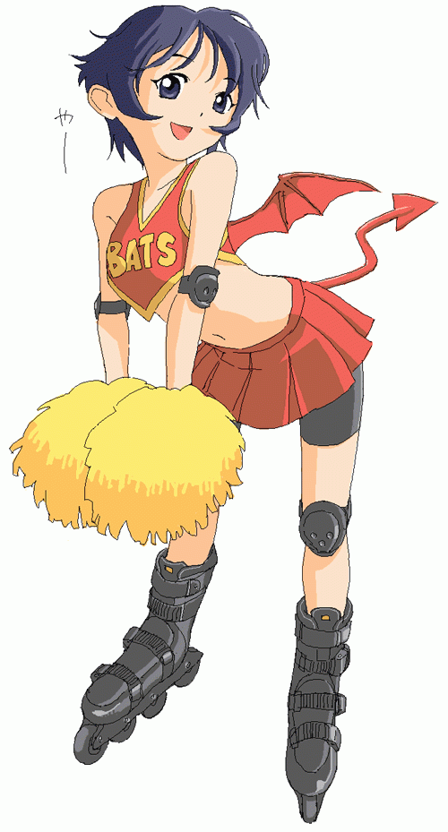mycomputer, taki suzuna, eyeshield 21, bad id, bad pixiv id, 00s, bare shoulders, bike shorts, blue eyes, blue hair, cheerleader, demon tail, demon wings, elbow pads, inline skates, knee pads, midriff, pleated skirt, pom pom (cheerleading), roller skates, short hair, skates, skirt, smile, solo, tail, wings