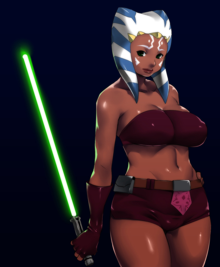 ganto, ahsoka tano, togruta, clone wars, star wars, star wars: the clone wars, striped, bad id, bad pixiv id, 1girl, aged up, alien, animification, bandeau, bare shoulders, belt, belt pouch, breasts, cleavage, cowboy shot, dark-skinned female, dark skin, elbow gloves, energy sword, facial mark, female focus, fingerless gloves, forehead mark, gloves, glowing, gradient background, green eyes, holding, jedi, large breasts, light smile, lightsaber, lips, lipstick, loincloth, looking at viewer, makeup, midriff, navel, plump, pouch, red lips, shiny clothes, shiny skin, short shorts, shorts, smile, solo, standing, sword, tattoo, tentacle hair, thick thighs, thighs, weapon, wide hips