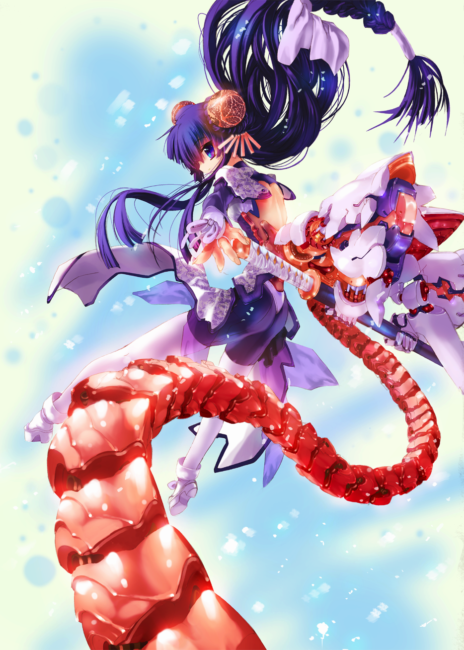 zen99, zen (pixiv772744), original, highres, blue eyes, blue hair, braid, bun cover, double bun, long hair, mecha musume, sword, very long hair, weapon