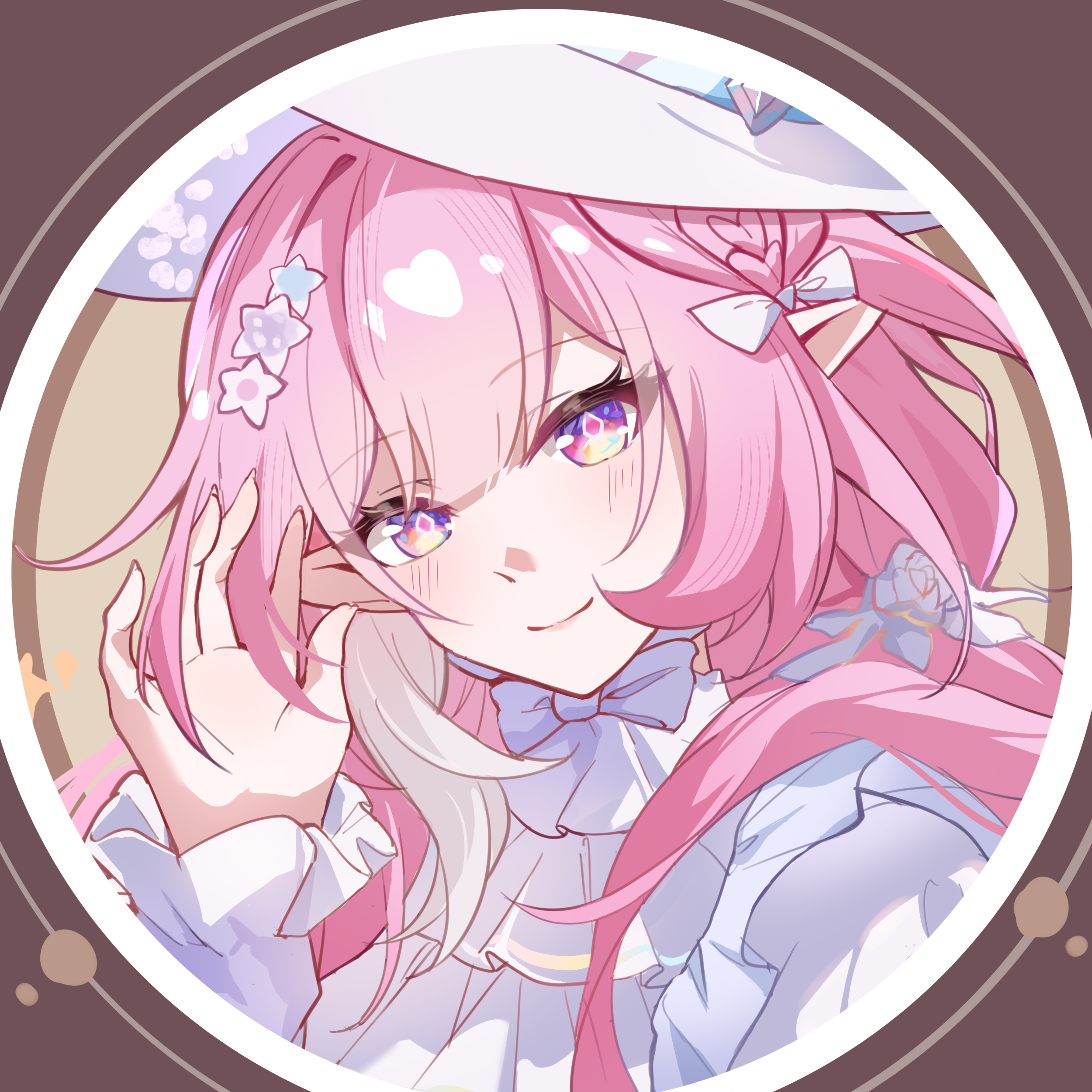 lubeludlk, cyrene (honkai: star rail), cyrene (ripples of past reverie) (honkai: star rail), honkai: star rail, honkai (series), absurdres, commentary request, highres, 1girl, brown background, diamond-shaped pupils, diamond (shape), dress, hat, long hair, looking at viewer, multicolored hair, official alternate costume, pink hair, pointy ears, purple eyes, solo, symbol-shaped pupils, two-tone hair, very long hair, white dress, white hair, white hat