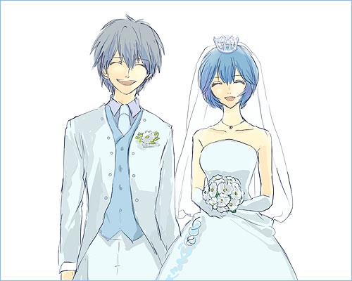 lrk, ayanami rei, nagisa kaworu, neon genesis evangelion, silver hair, lowres, 1boy, 1girl, blue hair, bouquet, boutonniere, bride, couple, dress, flower, formal clothes, plant, red eyes, simple background, smile, suit, wedding dress, white background