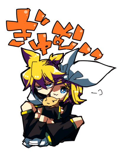 gi (46rain), kagamine len, kagamine rin, vocaloid, bad id, bad pixiv id, 1boy, 1girl, :3, blonde hair, brother and sister, dougi, hair ribbon, hetero, hug, ribbon, short hair, siblings, simple background, stuffed animal, stuffed toy, twins