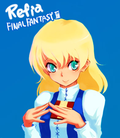 kara (color), refia, final fantasy, final fantasy iii, lowres, traditional media, 1990s (style), 1girl, blonde hair, blue background, character name, copyright name, female focus, green eyes, retro artstyle, solo, steepled fingers, upper body