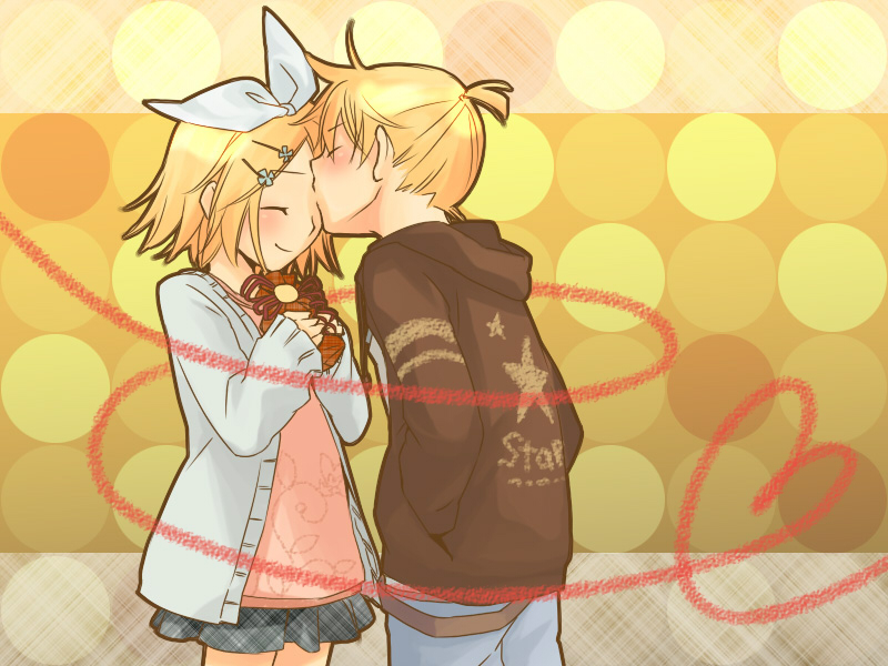 junji, kagamine len, kagamine rin, vocaloid, 1boy, 1girl, blonde hair, blush, brother and sister, casual, closed eyes, hair ornament, hair ribbon, hairclip, heart, hetero, kiss, kissing forehead, ribbon, short hair, siblings, skirt, smile, star (symbol), twins