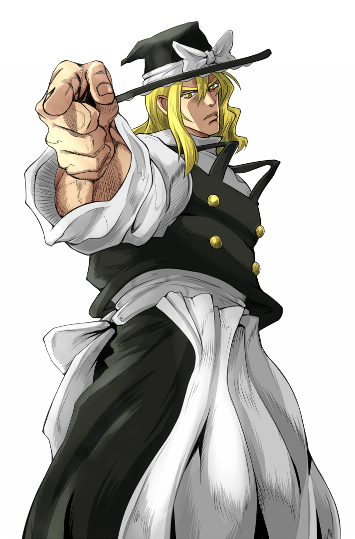 batsu, kirisame marisa, kuujou joutarou, jojo no kimyou na bouken, touhou, commentary request, 1boy, apron, back bow, black hat, black vest, blonde hair, bow, buttons, closed mouth, cowboy shot, double-breasted, foreshortening, fusion, hat, hat bow, hat ribbon, jojo pose, kujo jotaro's pose, long hair, long sleeves, looking at viewer, male focus, manlification, pointing, pointing at viewer, ribbon, shirt, simple background, solo, standing, turtleneck, turtleneck shirt, vest, waist apron, white apron, white background, white bow, white ribbon, white shirt, witch hat, yellow eyes