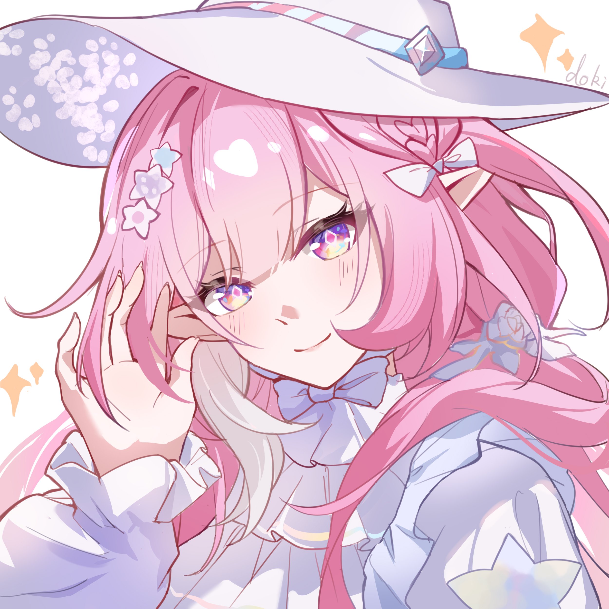 lubeludlk, cyrene (honkai: star rail), cyrene (ripples of past reverie) (honkai: star rail), honkai: star rail, honkai (series), absurdres, commentary request, highres, 1girl, artist name, diamond-shaped pupils, diamond (shape), dress, hat, long hair, looking at viewer, multicolored hair, official alternate costume, pink hair, pointy ears, purple eyes, simple background, solo, symbol-shaped pupils, two-tone hair, very long hair, white background, white dress, white hair, white hat