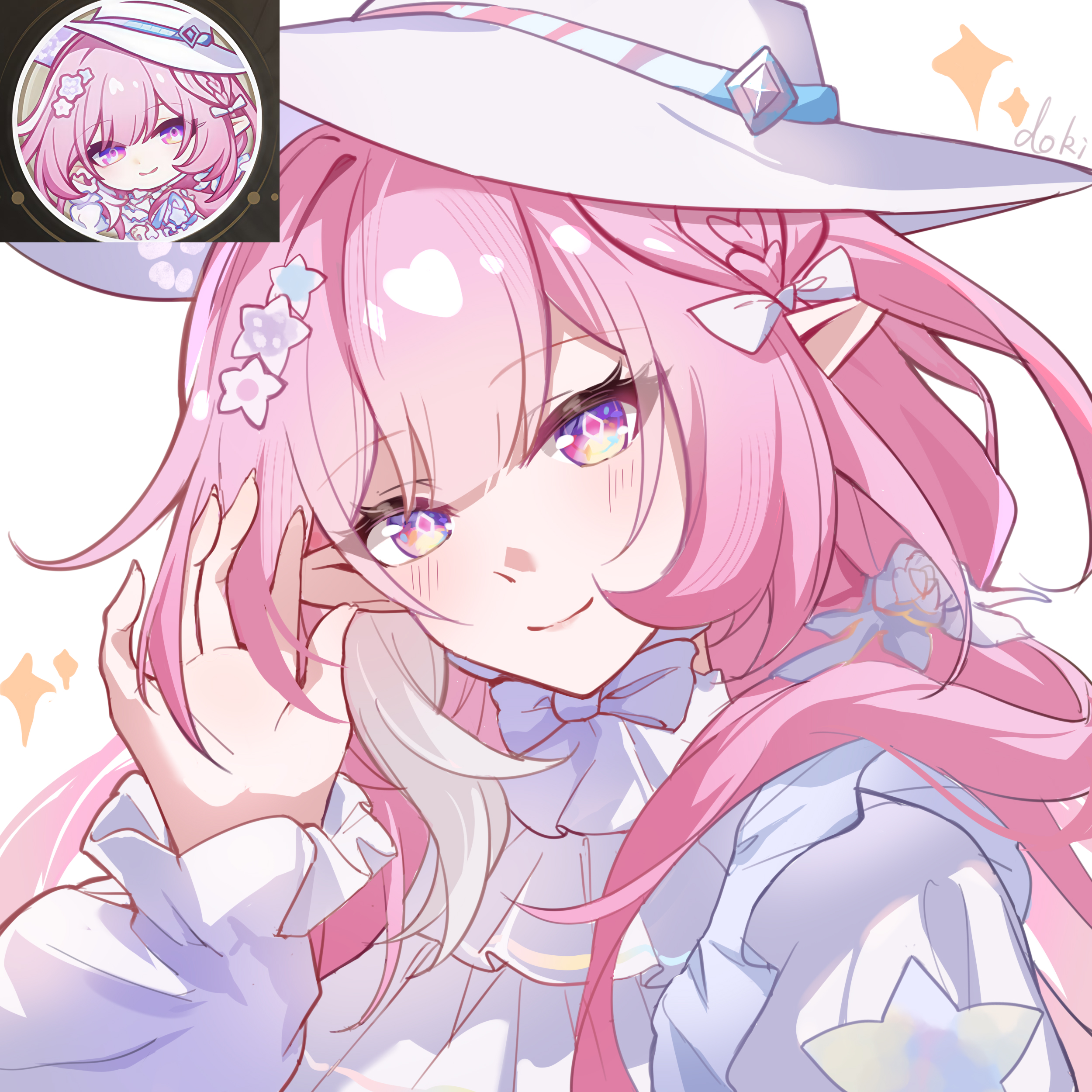 lubeludlk, cyrene (honkai: star rail), cyrene (ripples of past reverie) (honkai: star rail), honkai: star rail, honkai (series), absurdres, commentary request, highres, 1girl, artist name, diamond-shaped pupils, diamond (shape), dress, hat, long hair, looking at viewer, multicolored hair, official alternate costume, pink hair, pointy ears, purple eyes, reference inset, simple background, solo, symbol-shaped pupils, two-tone hair, very long hair, white background, white dress, white hair, white hat