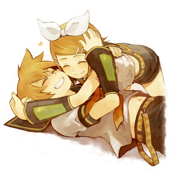 nako75, shirataki nako, kagamine len, kagamine rin, vocaloid, bad id, bad pixiv id, 1boy, 1girl, blonde hair, brother and sister, closed eyes, hair ribbon, hetero, hug, ribbon, short hair, siblings, simple background, smile, twins