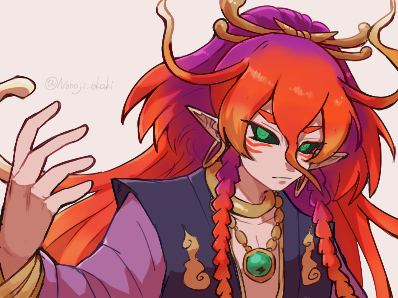 nonoji (nonoji ekaki), youkai watch, commentary request, 1boy, artist name, black sclera, colored sclera, earrings, gradient hair, green eyes, japanese clothes, jewelry, long hair, looking at viewer, multicolored hair, necklace, pointy ears, purple hair, red hair, simple background, solo, suzaku (youkai watch), suzaku (youkai watch) (sword bearer), two-tone hair, upper body, white background, youkai (youkai watch)
