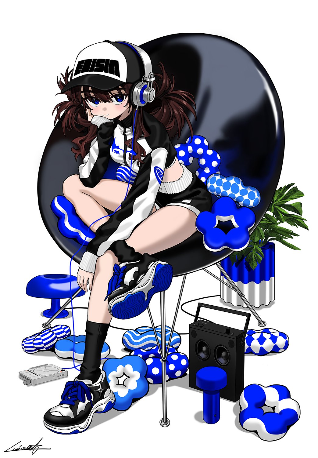 luicent, original, commentary, highres, 1girl, baseball cap, black shorts, black socks, blue eyes, blush, breasts, brown hair, closed mouth, cropped jacket, crossed legs, elbow rest, hat, head rest, headphones, jacket, long hair, long sleeves, looking at viewer, medium breasts, plant, potted plant, shoes, short shorts, shorts, signature, simple background, sitting, sleeves past wrists, sneakers, socks, solo, speaker, white background