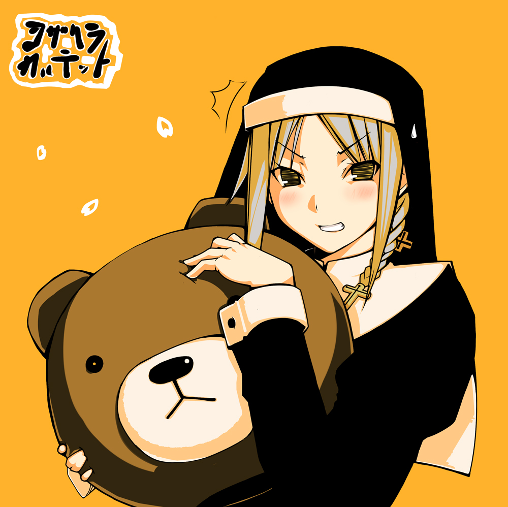 hareno chiame, shinatsuhiko yae, yozakura quartet, bad id, bad pixiv id, 1girl, bear, blush, braid, cross, cuffs, female focus, monochrome, nun, orange background, simple background, smile, solo, stuffed animal, stuffed toy, sweat, teddy bear, teeth, traditional nun