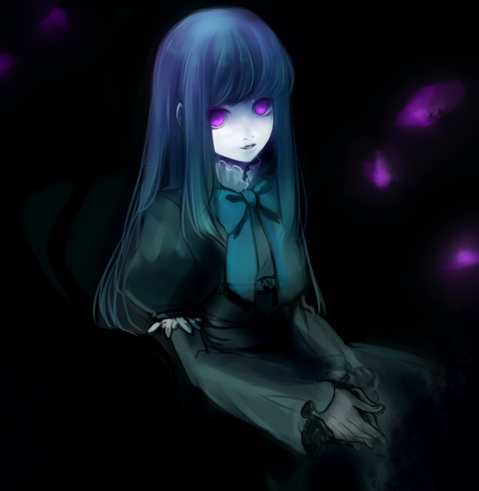 kantori (pixiv), frederica bernkastel, umineko no naku koro ni, bad id, bad pixiv id, 00s, 1girl, blue hair, creepy, dark, dress, female focus, horror (theme), long hair, open mouth, pale skin, purple eyes, ribbon, solo