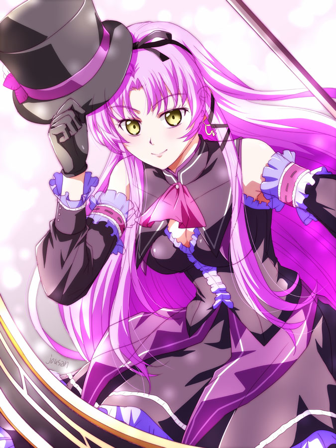 xiacheng tatsuya, renne (eiyuu densetsu), eiyuu densetsu, kuro no kiseki (series), 1girl, artist name, bare shoulders, black gloves, bow, breasts, cleavage, cleavage cutout, closed mouth, clothing cutout, detached sleeves, dress, floating hair, gloves, hair bow, hair ribbon, hat, hat bow, holding, holding scythe, holding weapon, huge weapon, large breasts, long hair, looking at viewer, neckerchief, parted bangs, purple hair, purple neckerchief, ribbon, scythe, simple background, smile, solo, top hat, two side up, upper body, weapon, yellow eyes