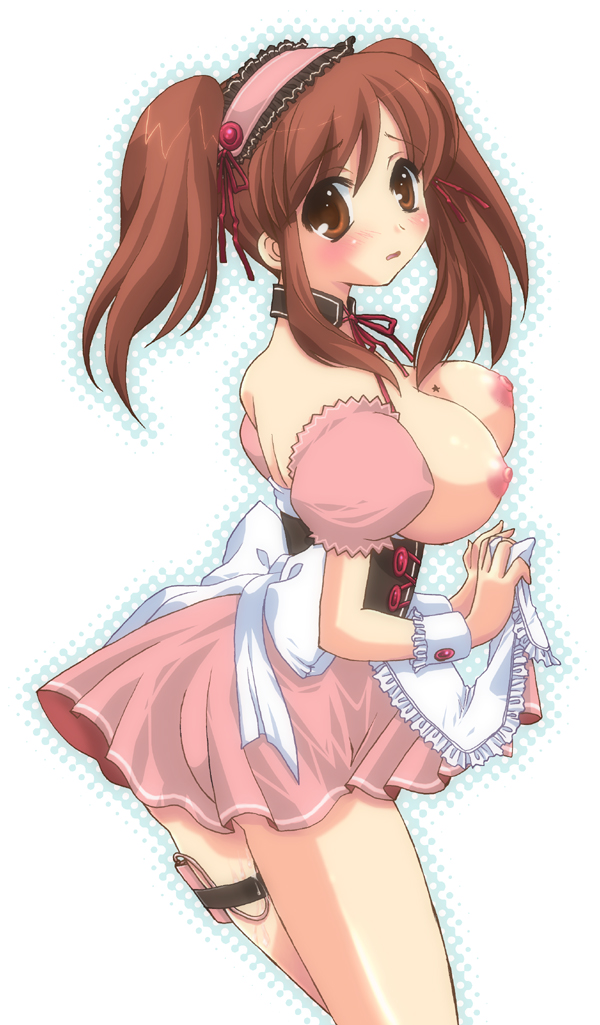 asai ichiko, asahina mikuru, suzumiya haruhi no yuuutsu, 00s, 1girl, apron, blush, breasts, brown eyes, brown hair, choker, clothes lift, corset, dress, dress lift, female focus, large breasts, mole, mole on breast, nervous, nipples, official alternate hairstyle, ribbon, sex toy, short dress, solo, star (symbol), tears, topless female, twintails, vibrator, waitress, wrist cuffs