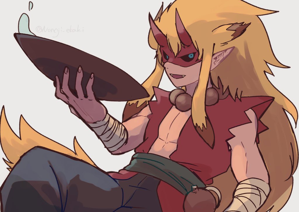 nonoji (nonoji ekaki), youkai watch, 1boy, bandaged wrist, bandages, bead necklace, beads, black pants, black sclera, blonde hair, blue eyes, colored sclera, cup, eye mask, horned mask, japanese clothes, jewelry, looking at viewer, mask, necklace, pants, pointy ears, red mask, sakazuki, shutendouji (youkai watch), simple background, solo, white background, youkai (youkai watch)