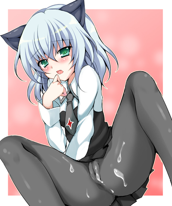 herurun, sanya v. litvyak, strike witches, world witches series, bad id, bad pixiv id, 00s, 1girl, animal ears, black pantyhose, blue hair, blush, cameltoe, cum, cum on clothes, female focus, green eyes, pantyhose, purple hair, scared, solo, upskirt