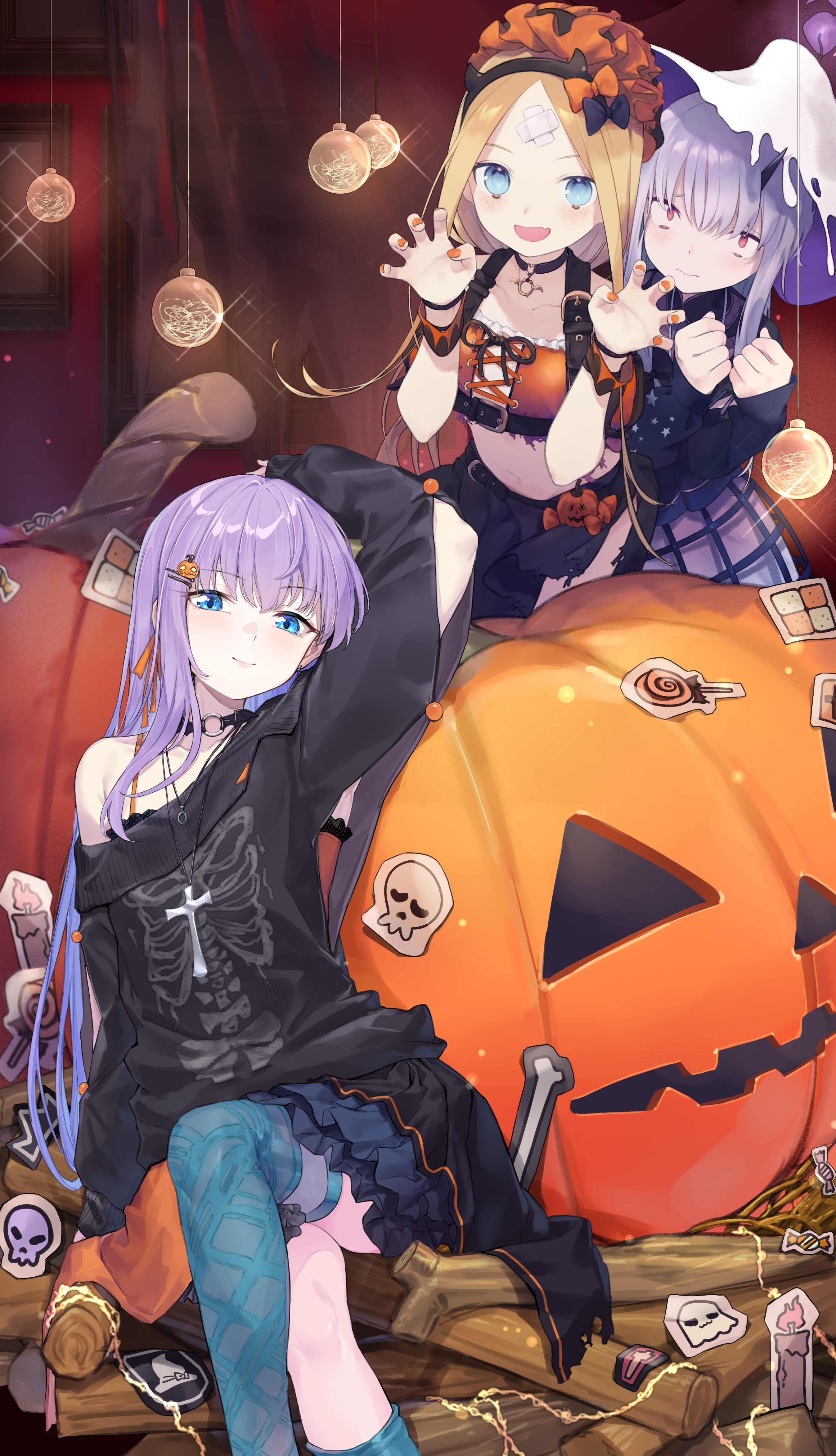 coffeekite, daisi gi, abigail williams (fate), lavinia whateley (fate), meltryllis (fate), fate/extra, fate/extra ccc, fate/grand order, fate (series), absurdres, artist collaboration, highres, 3girls, bandaid, bandaid on face, bandaid on forehead, bandeau, bare shoulders, black bow, black shirt, black skirt, blonde hair, blue eyes, blue skirt, blue thighhighs, blush, bow, breasts, choker, claw pose, crossed bandaids, forehead, grey skirt, hair bow, hair ribbon, hairband, halloween, hat, horns, jack-o'-lantern, long hair, long sleeves, looking at viewer, multiple girls, navel, off shoulder, open mouth, orange bandeau, orange bow, orange hat, orange ribbon, parted bangs, pumpkin, purple eyes, purple hair, ribbon, shirt, single horn, skeleton print, skirt, small breasts, smile, sticker, thighhighs, thighs, very long hair, white hair, white hat, wide-eyed, wristband